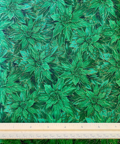 Fabric Christmas Green Poinsettias